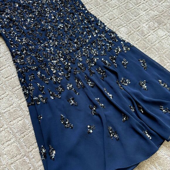 ADRIANNA PAPELL Sequin Beaded Dress 4 Navy Blue Sleeveless Cocktail Embellished - Picture 3 of 11